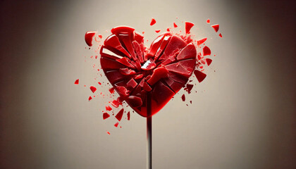A red heart-shaped lollipop that has been crushed representing a broken heart break