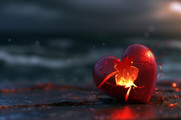 A red heart cracked in half, with intense fire blazing from the split, set against a blurred...