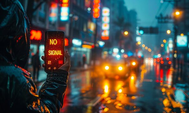 Person holding up a mobile phone displaying NO SIGNAL message on a city street at night, illustrating connectivity issues and urban communication challenges