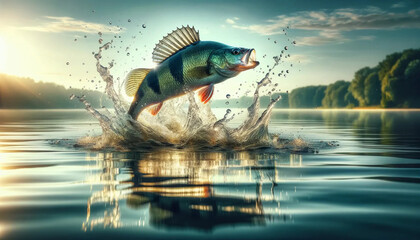 A serene lake scene where a perch fish is captured in the moment of breaching the surface water