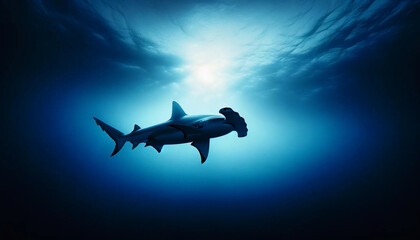 A hammerhead shark silhouette against the vast, open expanse of the deep ocean - obrazy, fototapety, plakaty