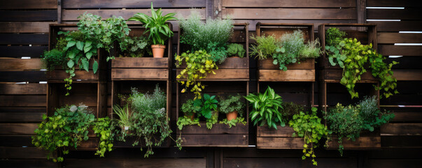 Fototapeta na wymiar Old pallets with hanging green plants,