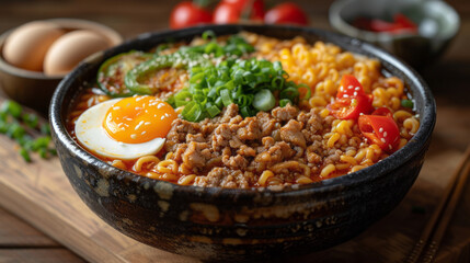 Delicious Ramen Bowl with Pork, Egg, and Fresh Vegetables on Wooden Table