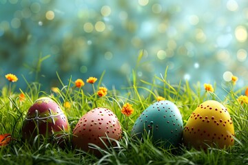 Easter eggs on the grass, festive spring cartoon background with flowers