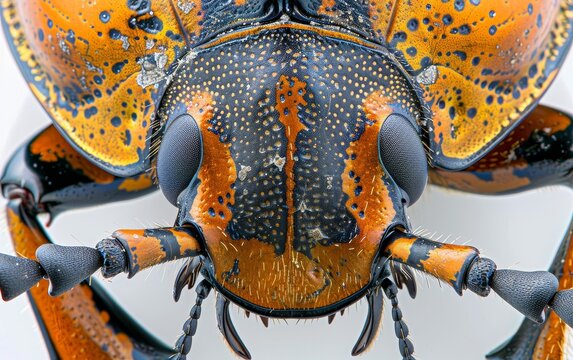 Macro shot of a Goliath beetle showcasing the intricate details and textures of its head and antennae. The image highlights the stunning patterns and natural armor of the insect..