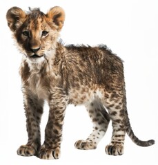 An inquisitive lion cub looks forward with wide eyes, its youthful stripes and spots a contrast to its emerging regal demeanor..