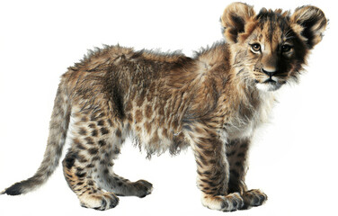 A young lion cub stands alert on a white background, its spotted fur hinting at its wild lineage and future strength..