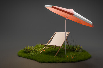 Holiday idyll with sun lounger and parasol on a small grassy area isolated on infinite background; global warming concept; 3D rendering
