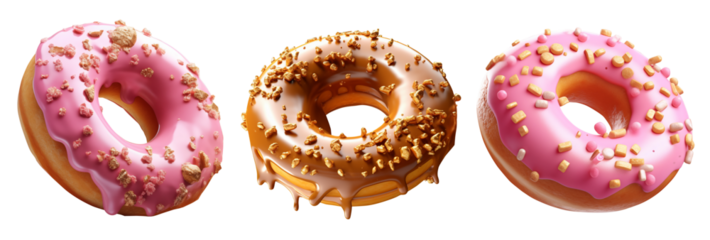 Donuts with pink, chocolate, caramel fudge. Transparent Background, PNG. Generative AI