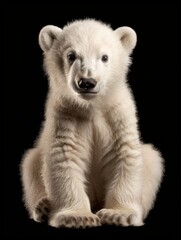 A polar bear cub sits against a dark background, its white fur glowing softly as it looks curiously towards the viewer, embodying vulnerability and the need for conservation..