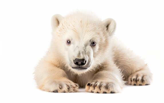 A polar bear cub lies comfortably against a white background, its innocence and vulnerability on full display. The cub's soft fur and relaxed posture create an image of peacefulness and playfulness.