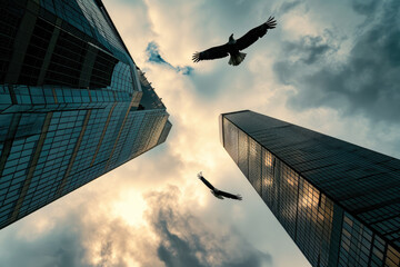 Sky High Solitude: Eagle and Skyscrapers at Sunset
