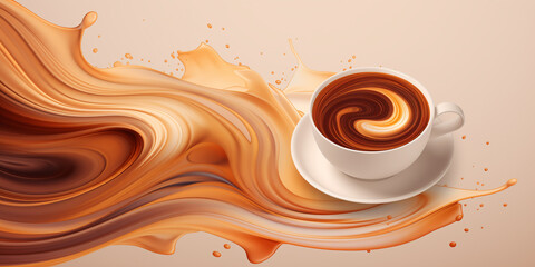 Coffee background, a white cup against a background of soft waves in brown tones