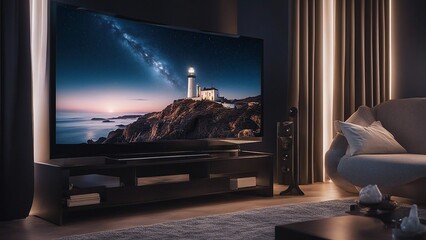 modern living room highly intricately detailed photograph of  Romantic lighthouse near Atlantic seaboard shining at night on a plasma tv