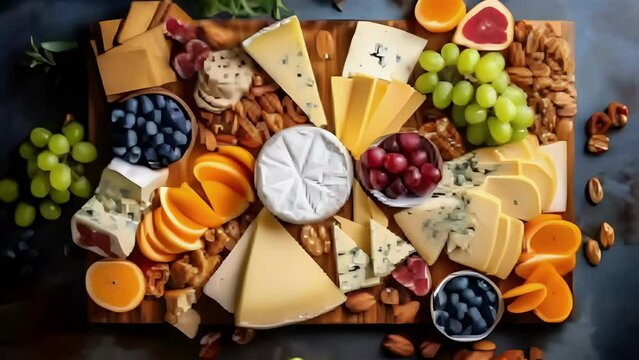 ound cheese plate with different types of fermented milk products. Assortment on a wooden board. Slicing for the holiday table. Snack for wine