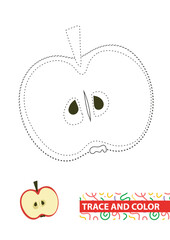 Half an apple. Trace and color for kids. Vector illustration.