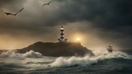 lighthouse in the sea A scary lighthouse in a storm, with a lightning,  