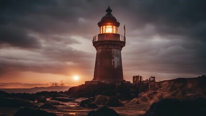 lighthouse at sunset A scary lighthouse in a hellish fire, with  , flames,  