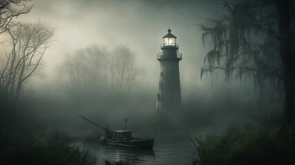 lighthouse in fog A scary lighthouse in a haunted swamp, with mist, vines,  