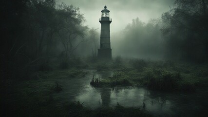 A scary lighthouse in a haunted swamp, with mist, vines,    - obrazy, fototapety, plakaty
