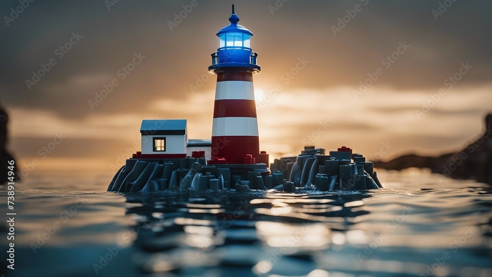 Canvas Prints lighthouse at night lighthouse is made of lego bricks and the water is made of blue jelly marblehead