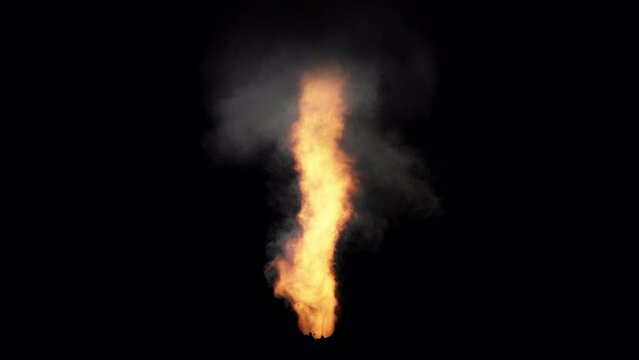 A mesmerizing fire tornado demands attention with its energetic display of powerful forces in motion. This footage with an alpha channel conveys the dynamic essence of fire element.