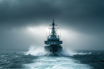 Naval Warship Braving Stormy Seas with Dramatic Cloudy Skies