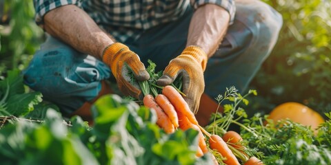 Obraz premium Man farmer in gloves harvesting ripe carrots in plot on background of garden at sunny day. Farmer holding freshly harvested organic carrots at vegetable garden. Agriculture and healthy food concept.