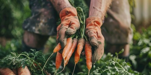 Man farmer in gloves harvesting ripe carrots in plot on background of garden at sunny day. Farmer holding freshly harvested organic carrots at vegetable garden. Agriculture and healthy food concept. 
