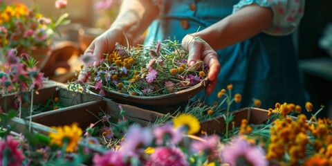 Young woman collects and dries medicinal herbs and flowers on nature sunny background. Herbal alternative medicine for holistic healing, healthy lifestyle concept. Generative ai