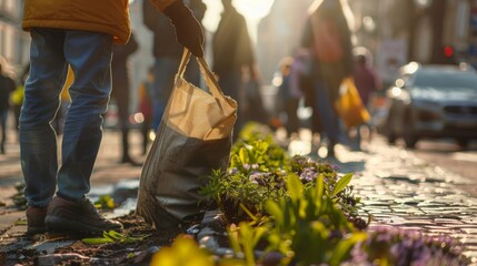 Volunteers group cleaning up the city square, sunny Spring season. Recycling project and waste clean up in nature for Earth Day, World Environment Day. Generative ai - obrazy, fototapety, plakaty