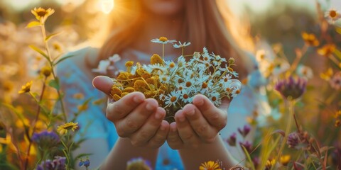 Young woman collects and dries medicinal herbs and flowers on nature sunny background. Herbal alternative medicine for holistic healing, healthy lifestyle concept. Generative ai