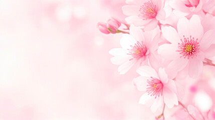 Banner with Sakura flowers on pink blurred background, with copy space for text. Branch of blooming cherry blossom. Spring theme