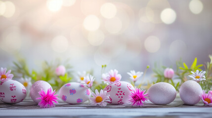 Easter card with pastel colors Easter eggs on wood with flowers on blurred background. free space
