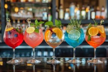 A selection of colorful cocktails with fresh fruit garnishes on a bar counter.