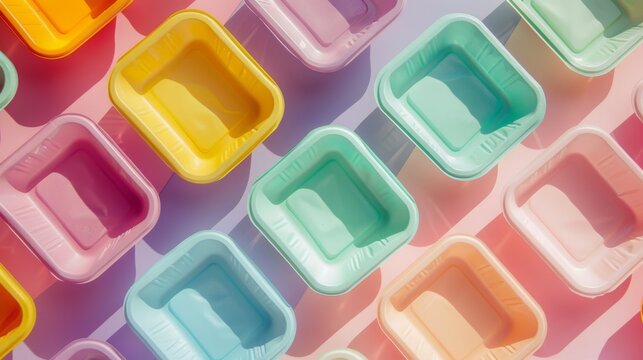 Colorful compostable cardboard empty food tray as an environmentally friendly alternative next to a polystyrene container on pink background. Eco-friendly company concept. Generative ai