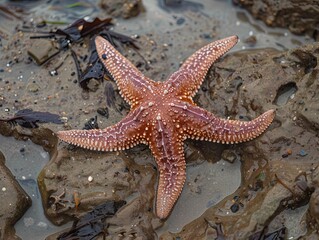 A close-up view of a starfish resting on wet rocks at the shoreline.