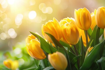 Bright yellow tulips in full bloom bathed in warm sunlight, signaling the arrival of spring.