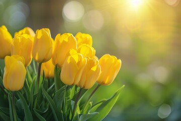 Obraz premium Bright yellow tulips illuminated by the golden rays of the sun in a serene garden.