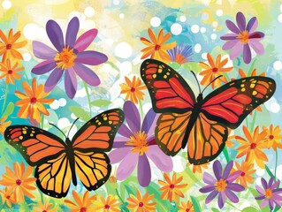 Artistic depiction of butterflies amidst blooming colorful flowers representing the beauty of spring.