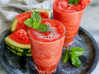 Two refreshing watermelon smoothies garnished with mint on a tray.