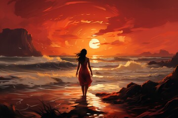 A woman in a red dress walks on a rocky beach at sunset. The sky is orange, the water calm. She is barefoot with long dark hair, evoking calmness.