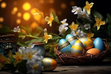 Fototapeta na wymiar Easter card with painted Easter eggs in nest on wooden table with daffodils. free space