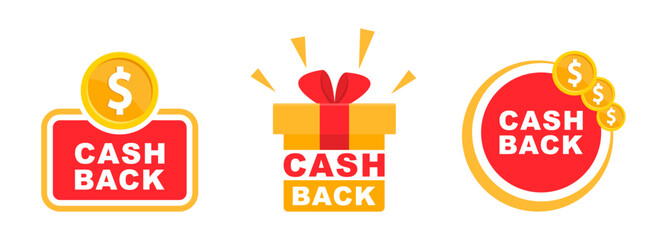 Cashback icon set. Cashback loyalty program. Money refund label. Return money service for partner program. Bonus cash back icon. Vector illustration. - obrazy, fototapety, plakaty
