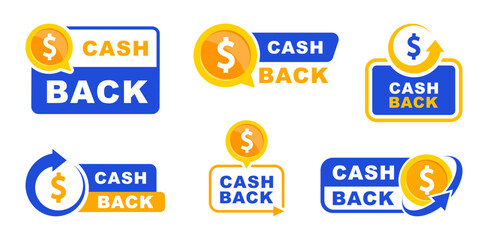 Cashback icon set. Cashback loyalty program. Money refund label. Return money service for partner program. Bonus cash back icon. Vector illustration.