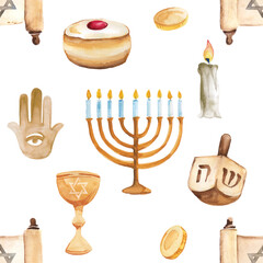 Jewish religion symbols pattern set for Israeli holidays like Hanukkah watercolor illustration. - 738915900