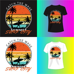      Palm tree with surfing board. Surfing club graphic print design for t shirt. Beach sketch graphic print design for t shirt