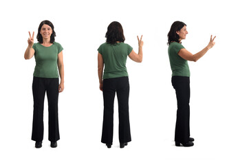 Fototapeta premium front, back and side view of same woman showing the victory sign on white background