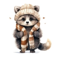 Fototapeta na wymiar Beautiful cute watercolor illustration of a racoon in a knitted hat and scarf for a children's book isolated