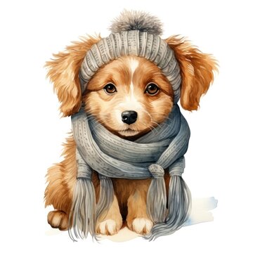 Beautiful cute watercolor illustration of a dog in a knitted hat and scarf for a children's book isolated